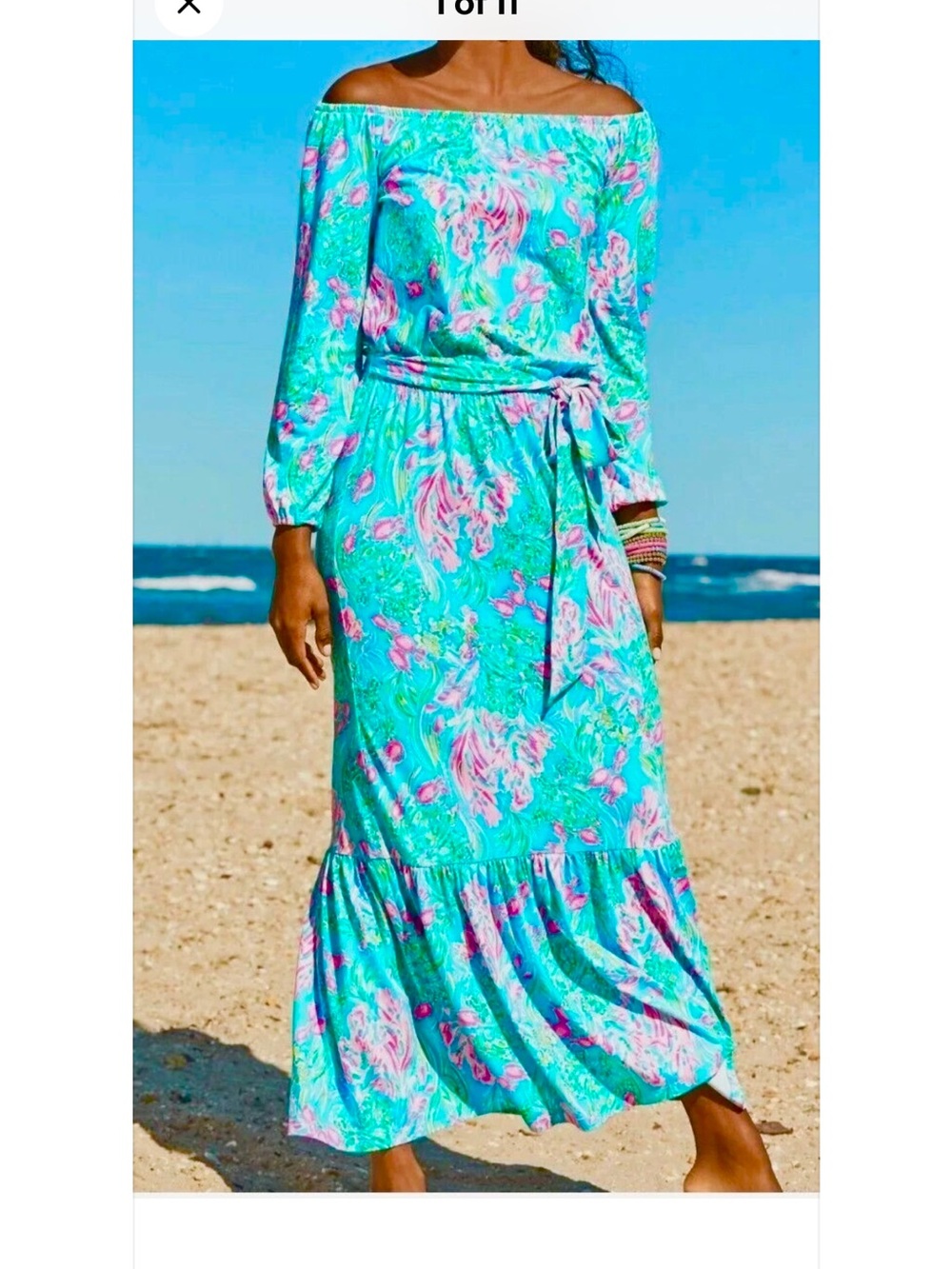 Lilly Pulitzer Odella Turquoise and Pink Off-Shoulder Maxi Dress